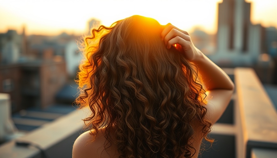 Curly-haired woman adjusting hair on sunny rooftop, highlighting anti-frizz care.
