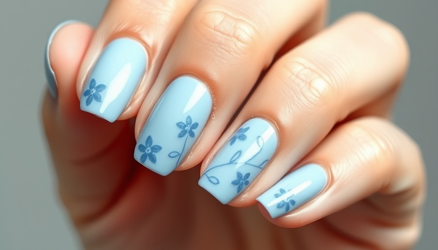 Twee nail designs featuring blue floral patterns on light blue polish.