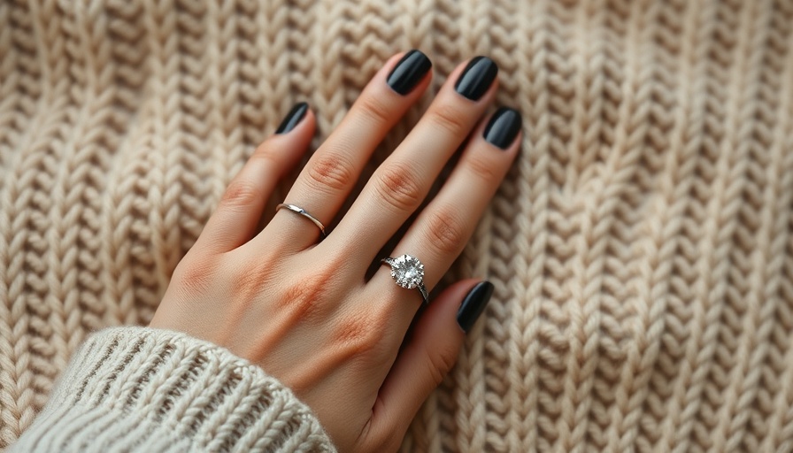 Dark dip powder nails at home on hand with ring over knitted fabric.