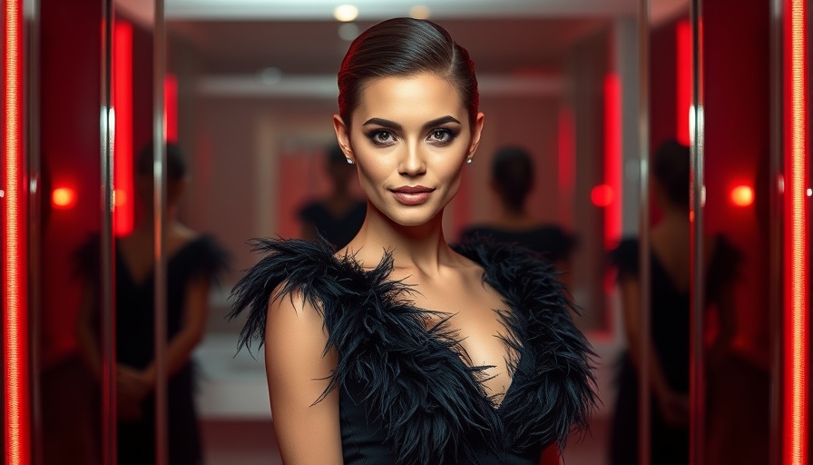 Elegant woman with sleek hairstyle in black feathered dress, posing.