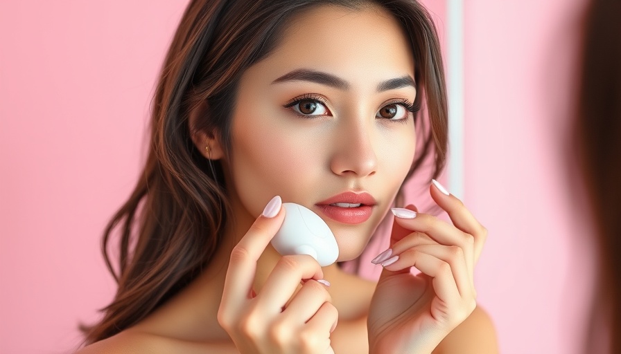Young woman using skincare device for glass skin routine, photorealistic scene.