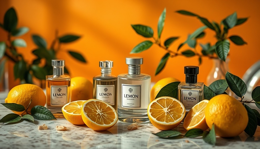 Sophisticated display of citrus fruits and perfume representing Italian lemon fragrances.