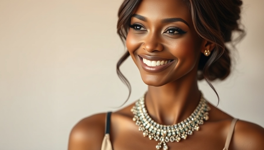 Elegant woman confidently smiling, wearing a necklace, ponytail facelift concept.