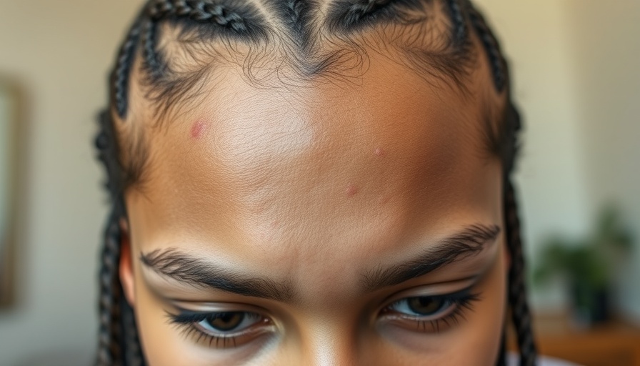 Close-up of forehead with acne scars and braids, natural light focus.