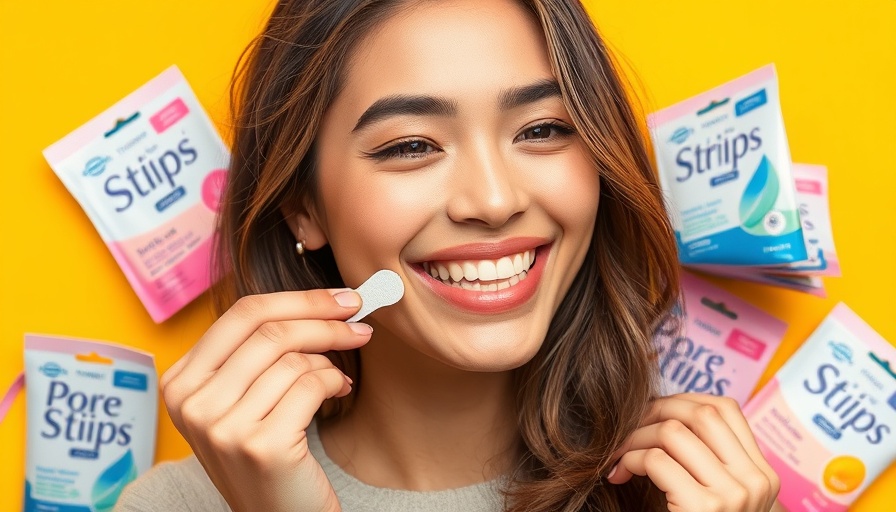 Woman applying modern pore strip, surrounded by various packages.