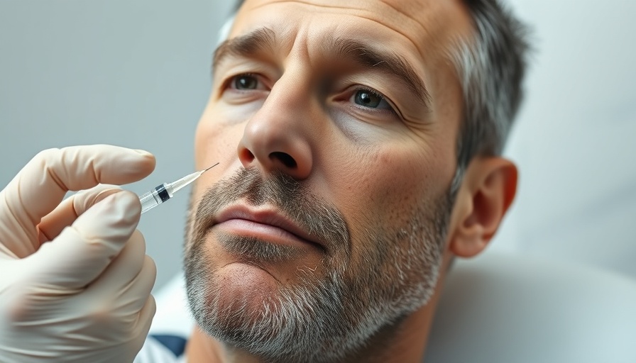Man receiving trenibotulinumtoxinE injection for glabellar lines in clinical setting.