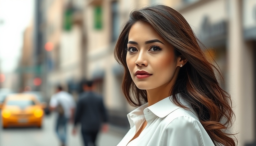 Elegant woman outdoors in city street, LYS No Limits Cream Bronzer Stick effect.