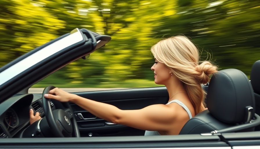 Blonde woman driving a convertible with blurred background, commute skin aging context.