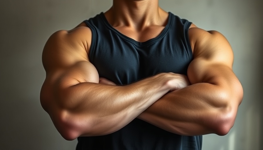 Close-up of muscular male torso with crossed arms in sleeveless shirt discussing male breast reduction.