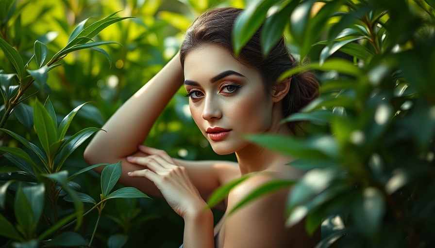 Woman posing gracefully with lush green backdrop.
