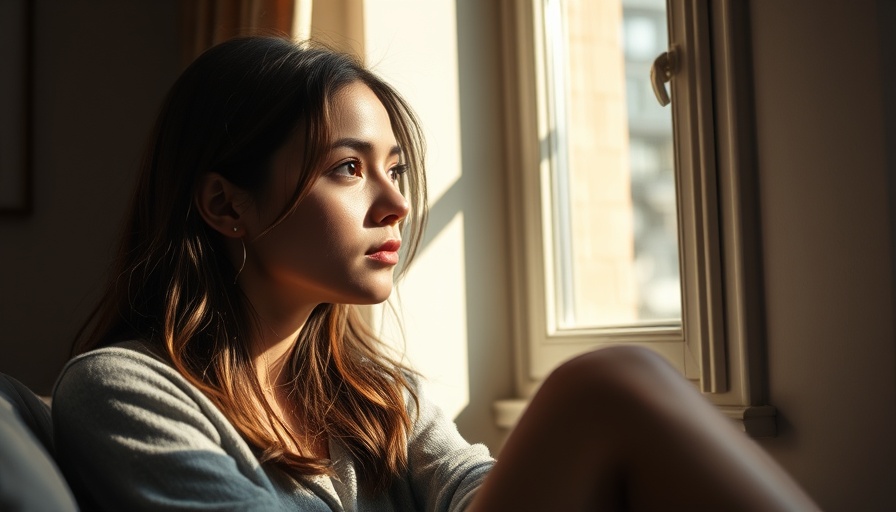 Contemplative young woman indoors near a sunlit window.