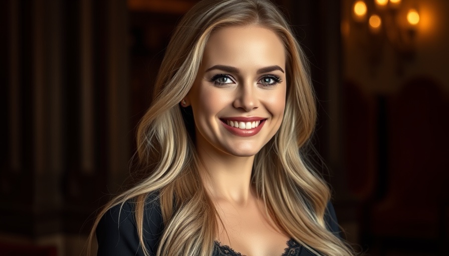 Stylish woman, warm smile, in black outfit, cream blush trends highlighted.