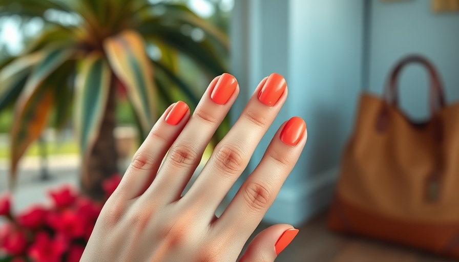 Stylish coral nail polishes on hands in natural and indoor settings.