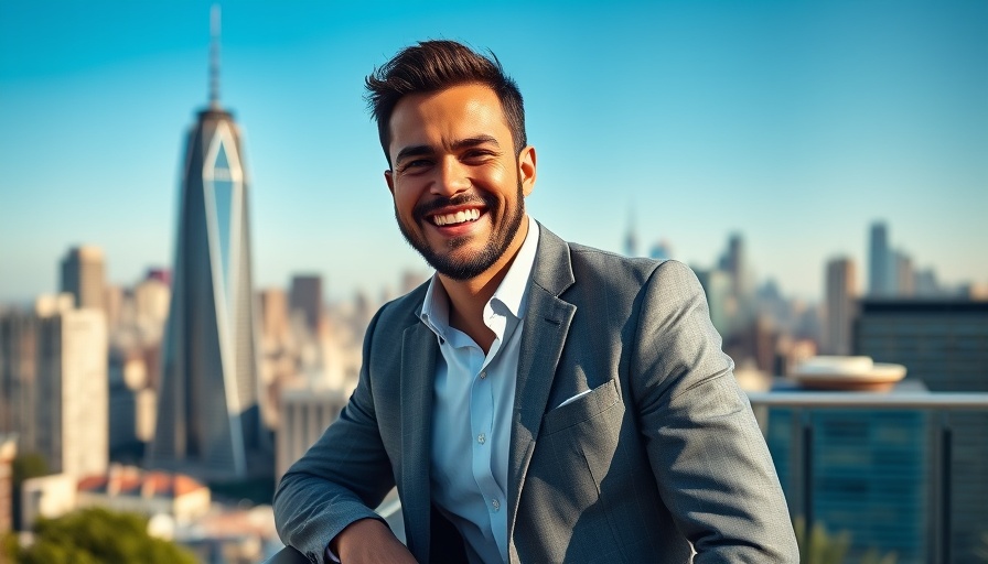 Confident man smiling in front of urban skyline, related to Breast Augmentation Visualization Tool.
