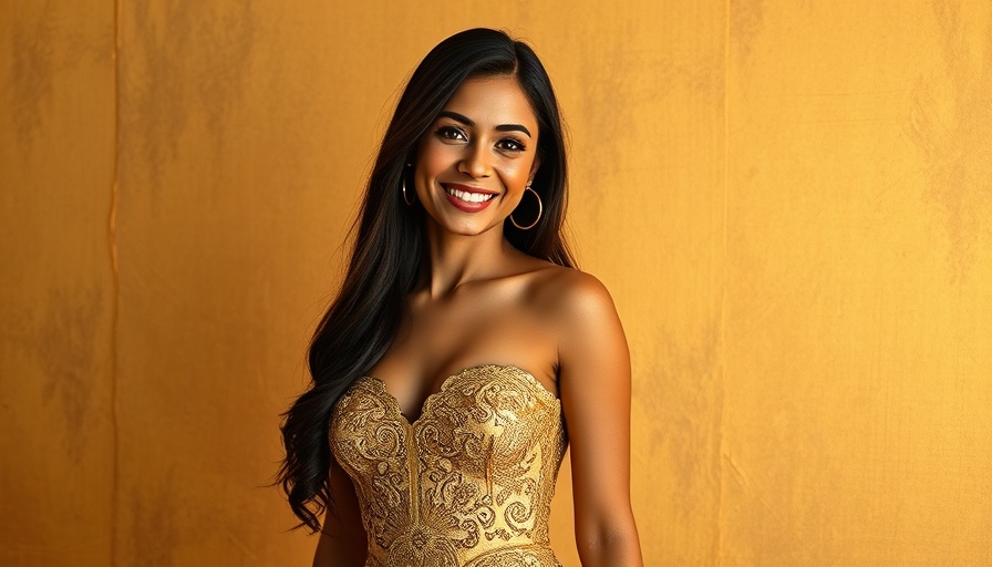 Woman in gold dress with hoop earrings posing confidently.
