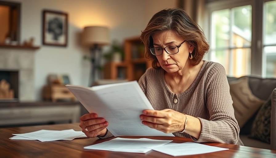 Worried family caregiver reviewing bills in living room.