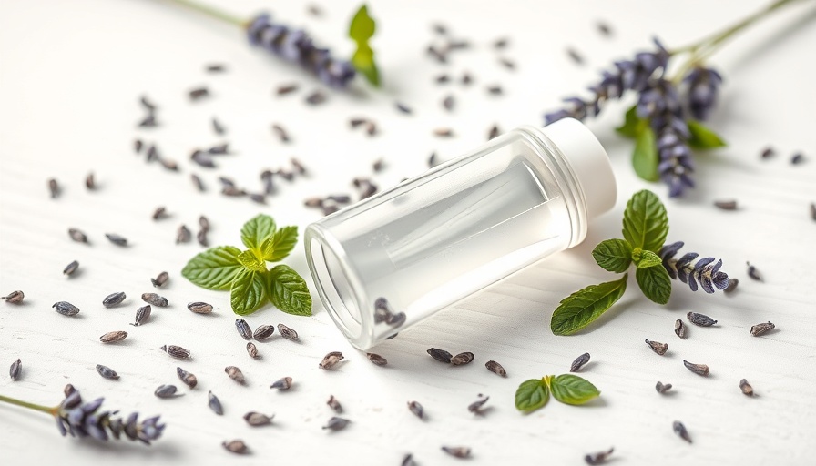 Minimalist transparent deodorant container on wood with mint and lavender.