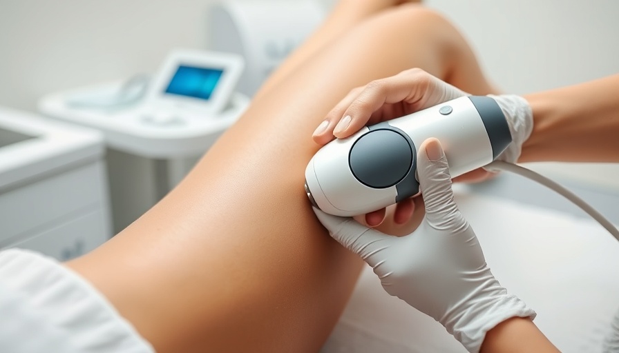 Close-up of skin-tightening treatment on leg.