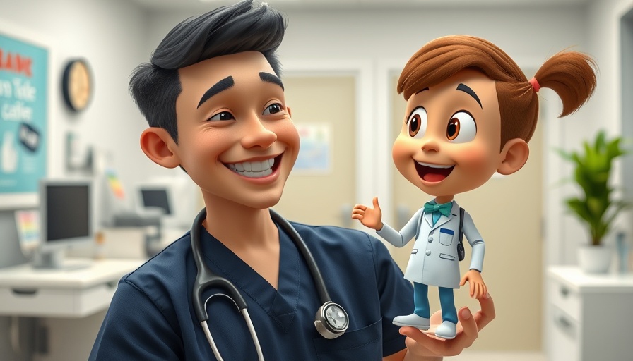 Medical professional with 3D animated figure, aesthetic enhancements inspired by Love Island, indoor setting.