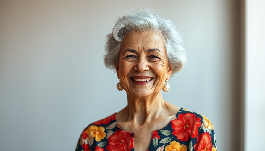 Elegant woman in floral dress smiling, showcasing a natural beauty evolution.