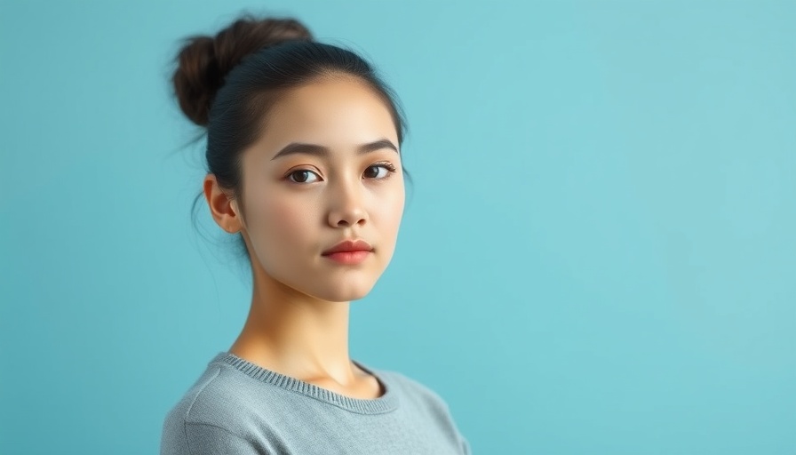 Young woman with calm expression against blue background.