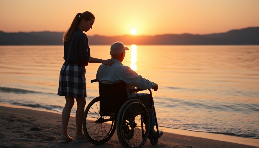 Elder law: young woman assists man in wheelchair by sunny lakeside.