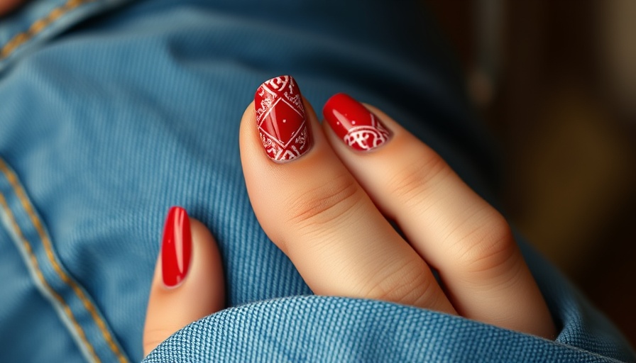 Selena Gomez bandana nails with red and white pattern.