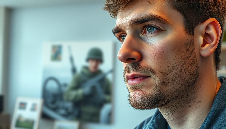 Man discussing facial reconstruction, soldier background.