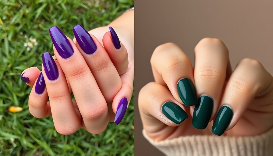 Vibrant nail colors for September; glossy purple and dark green.