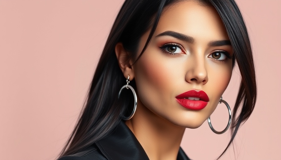 Elegant woman with bold lip stain contouring, confident expression.