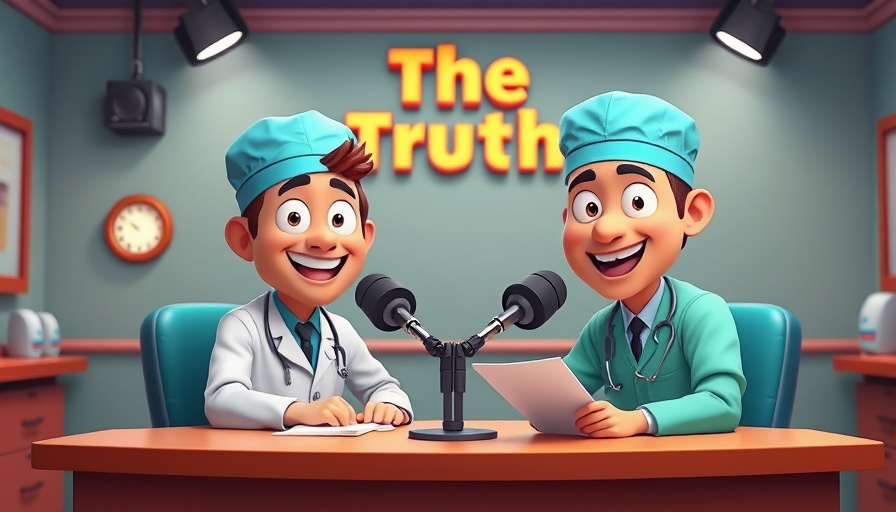 Cartoon doctors discussing breast implants at podcast setup.