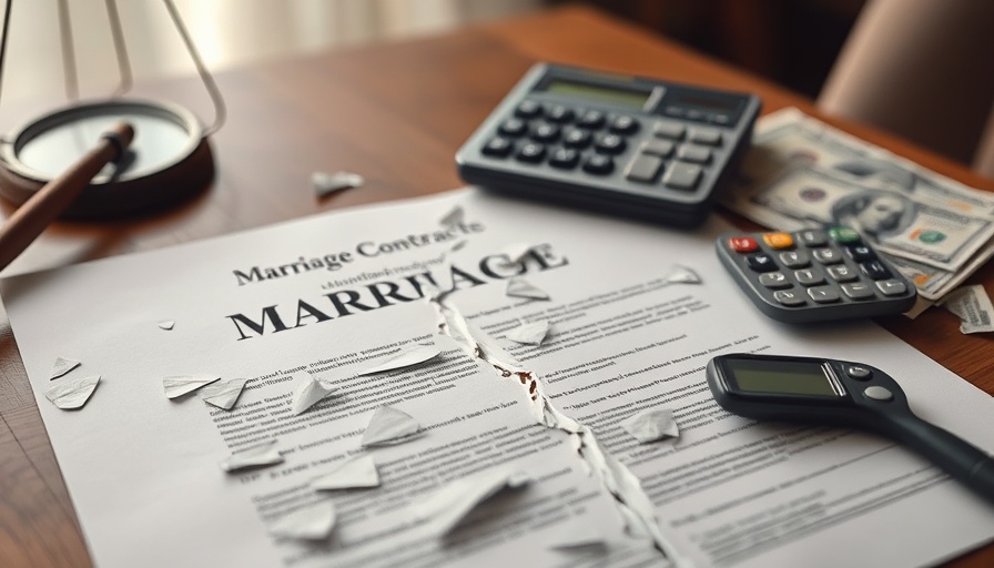 Torn marriage contract with money and calculator, symbolizing dividing music royalties in divorce.