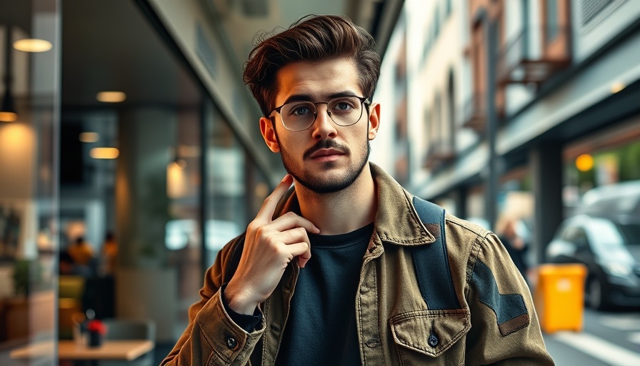 Stylish man contemplating in casual attire, George H. Xanthis self-care routine.
