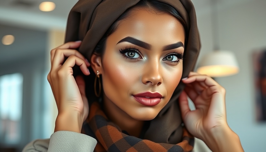 Chic young woman adjusting head wrap, Skims Face Snatching Wrap, modern setting.