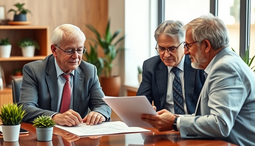 Elderly couple discussing legal documents with lawyer in office.