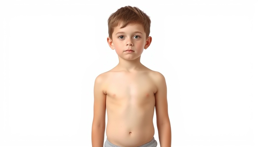 Front view of a young boy with gynecomastia, isolated on white.