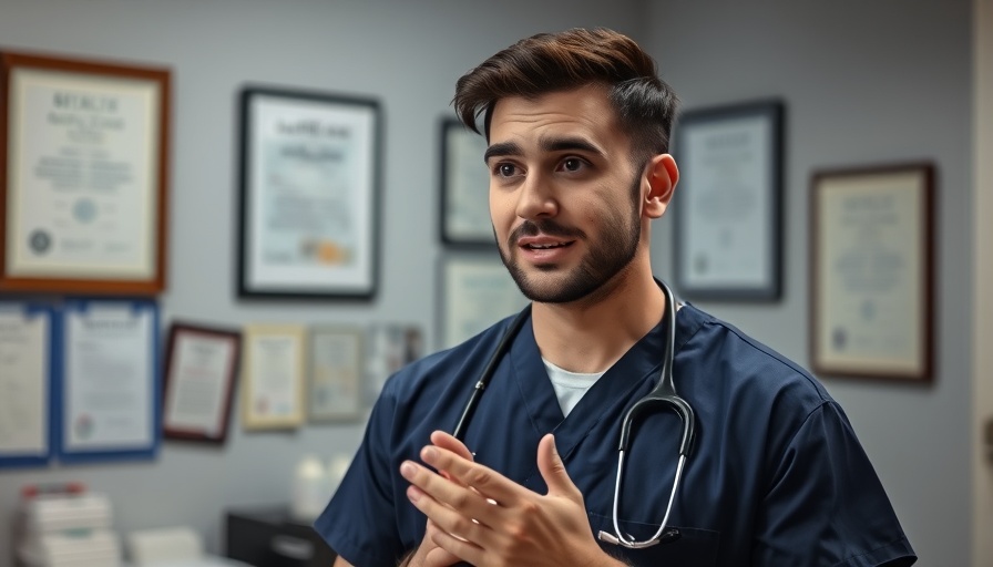 Young man explaining hair transplant procedures in an office setting.