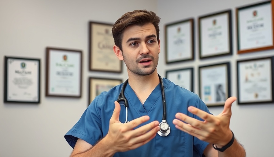 Man explaining hair transplant costs in medical office setting.