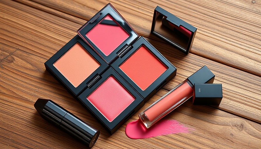 Tajín-inspired blush and lip gloss on a wooden surface