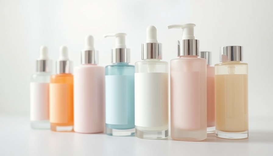 Minimalist skincare bottles in a review setting.