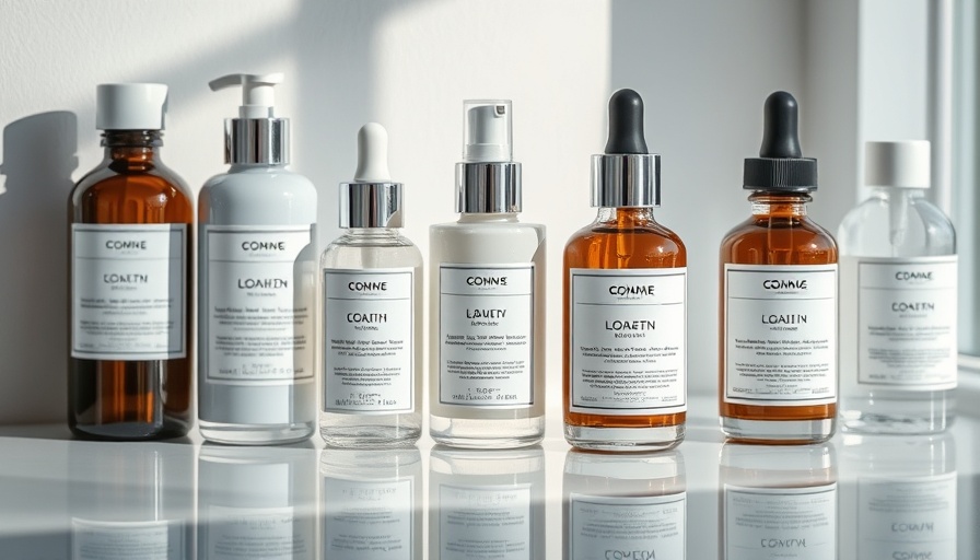 Luxury Mesoestetic skincare bottles on a reflective surface.