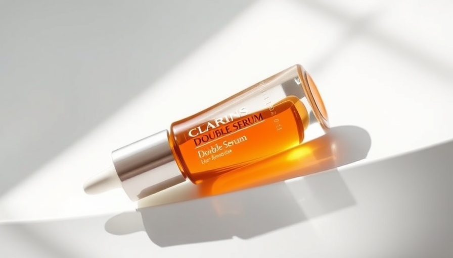 Clarins Double Serum bottle on white surface, sleek and elegant.