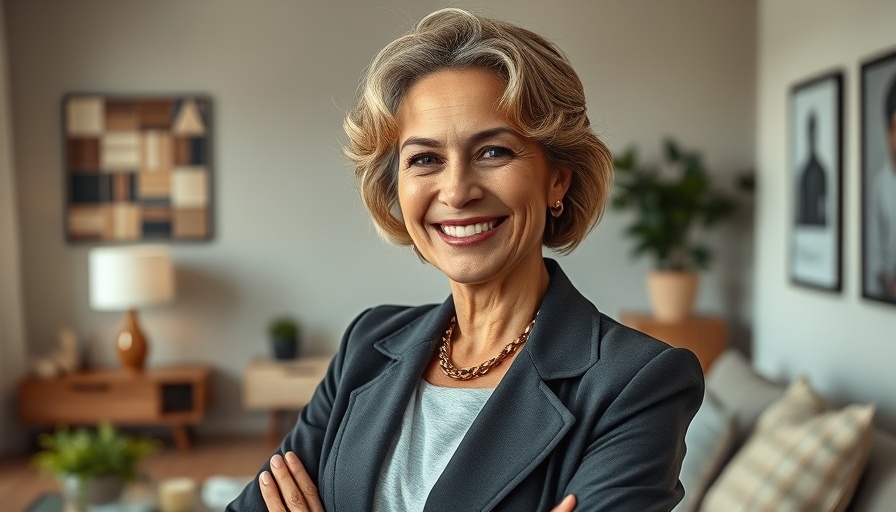 Elegant middle-aged woman smiling confidently in a modern setting.