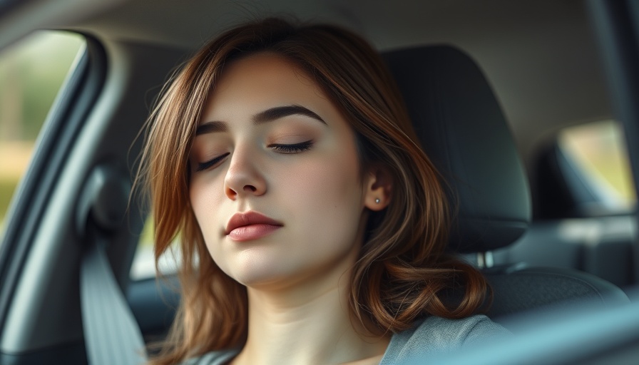 Young woman resting in car after surgery, eyes closed, natural light.