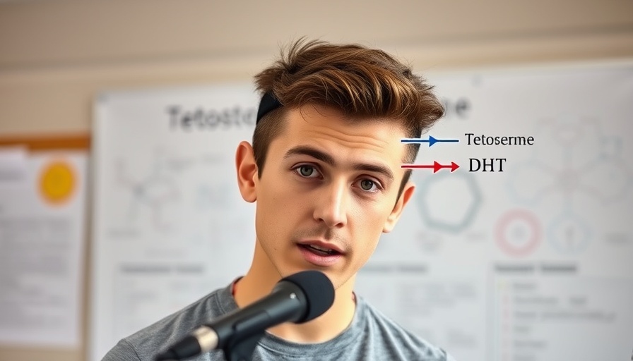 Diagram explaining Dutasteride for hair loss with man in studio.