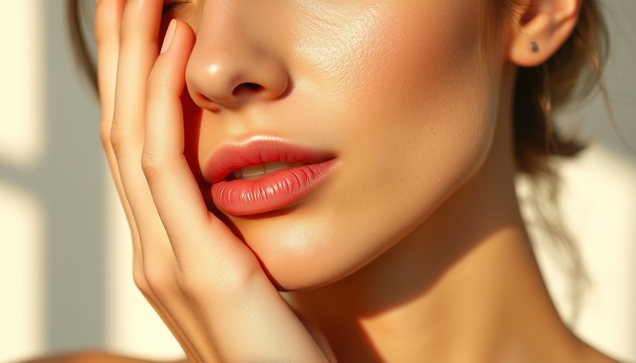 Young woman with clear skin gently touching her face, collagen cream reviews.