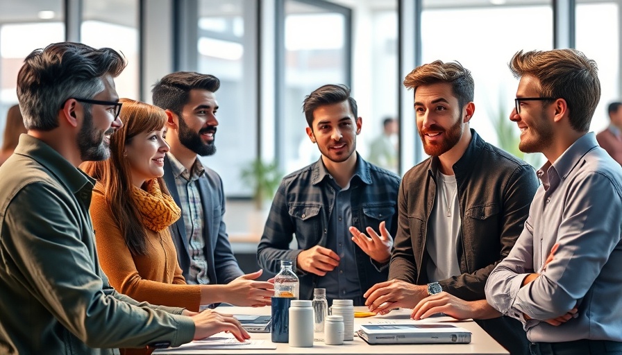 Group discussing with products on table, animated expressions.