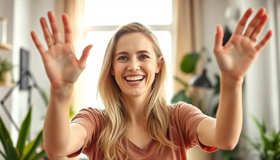 Smiling woman in a cheerful home setting, focus on joy and brightness.