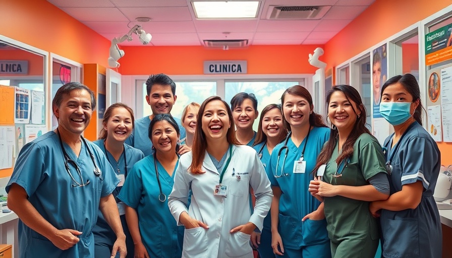 Cheerful clinic staff celebrating with vibrant decor