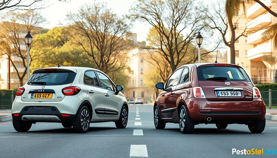 Renault 5 vs Fiat 500e on a scenic urban street.